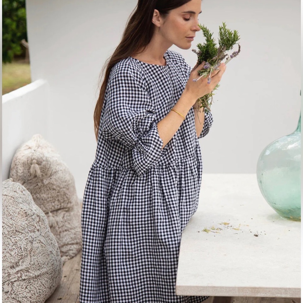 Magic Linen Voluminous Linen Ruffle Sleeve Babydoll Dress Black White Gingham - Picture 4 of 14